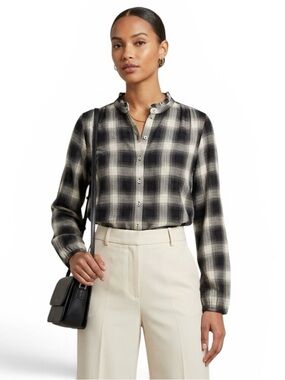Tommy Hilfiger Shirt Women’s XS Black Plaid Ruffle Neck Button Up Long Sleeve